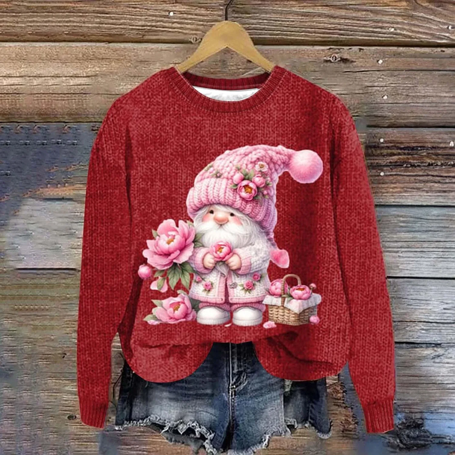 Женский свитшот с принтом Ugly Santa Claus Sweater, Z04 Red — фото 3