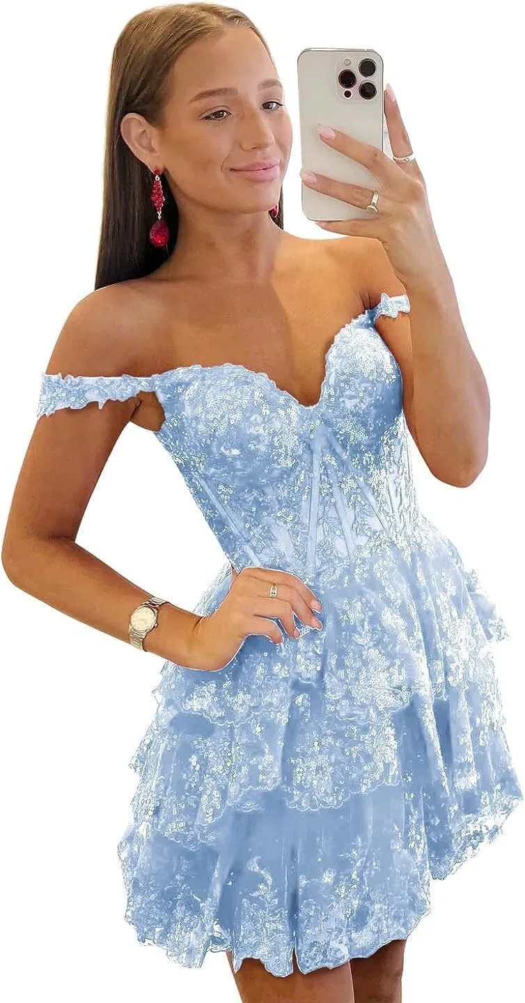 Женское коктейльное платье с кружевом и корсетом LA16, Light Blue