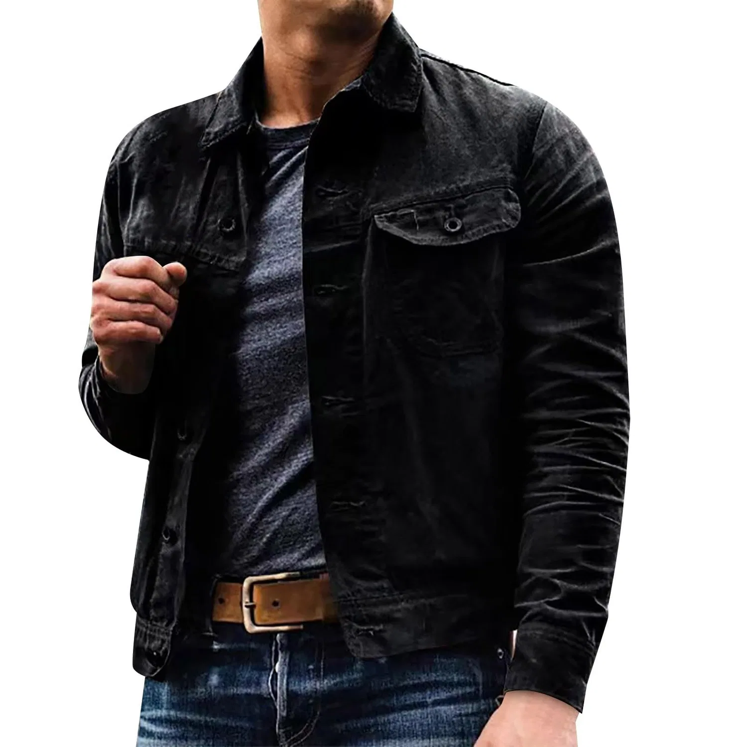 Мужская джинсовая куртка в стиле ретро с принтом, Retro Mod 60S 70S Military Jacket Overshirt Denim Vintage Style Trucker Coat Classic Western Stylish Cowboy Coats Lightweight Jeans, Black — фото 2