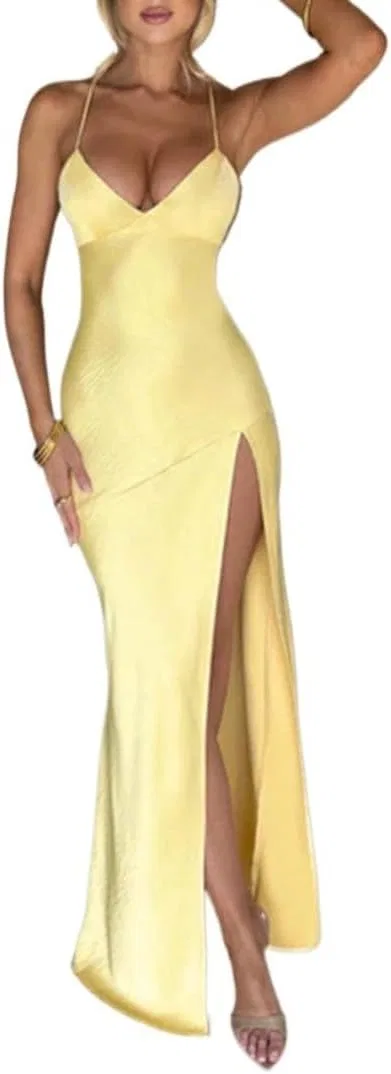 Женское атласное бинтажное платье с открытой спиной Hotsweet, Yellow