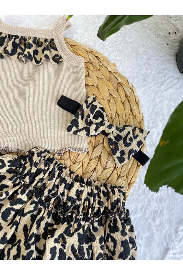 Детский комплект для девочек с принтом Leopard Pattern Ruffled Skirt Bluz Bandana And Socks Set Of 4 Akif Giyim, Brown — фото 4