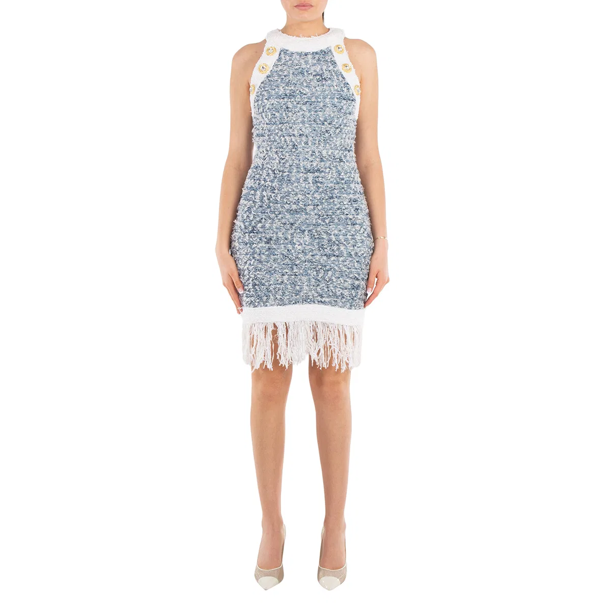 Платье мини с бахромой из твида Fringed Tweed Minidress Balmain, Blue