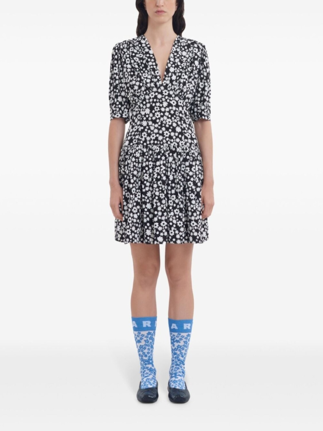 Marni платье мини с цветочным принтом, черный — фото 3