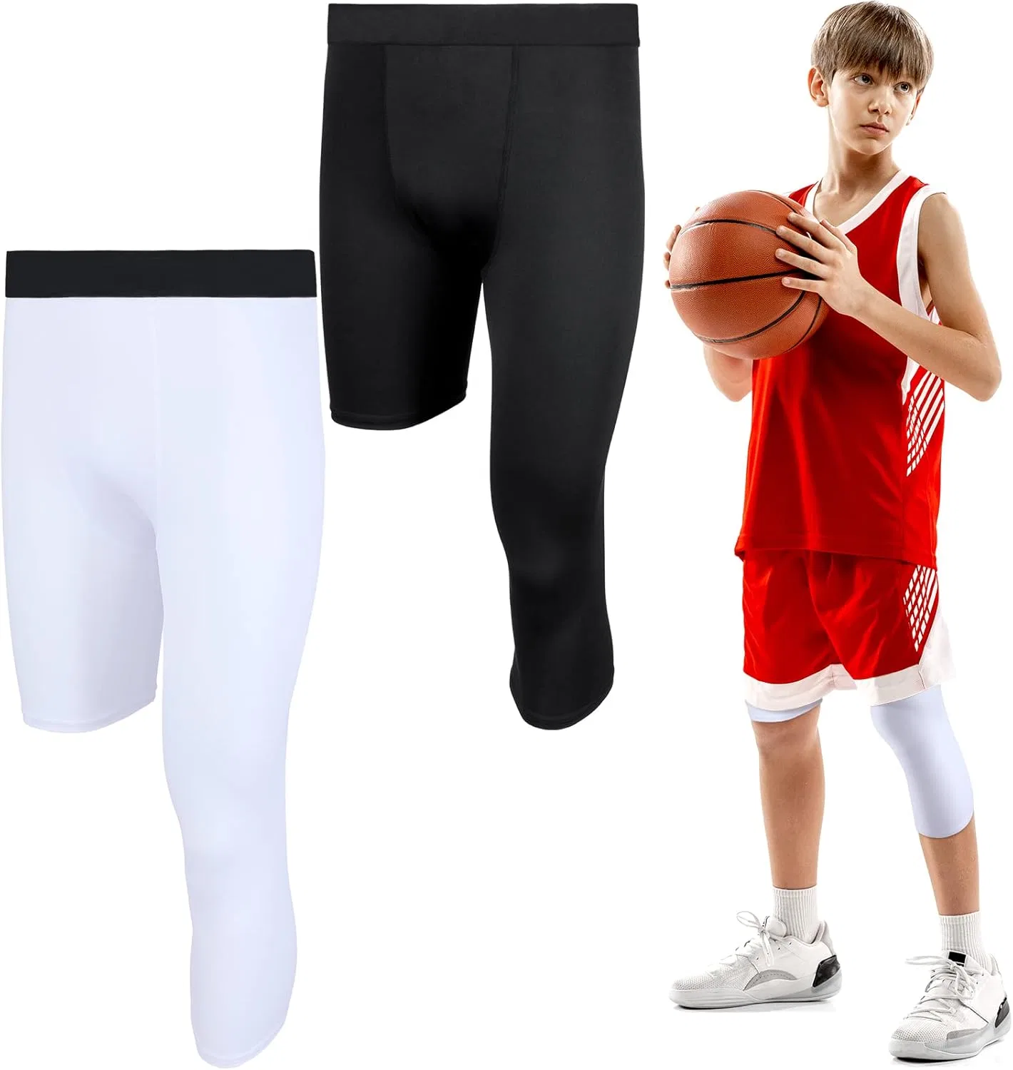 Hercicy 2 Packs Boys' Youth 3/4 One Leg Compression Tights Basketball Leg Sleeve Leggings Pants Athletic Base Layer, Black+White( Right Short)