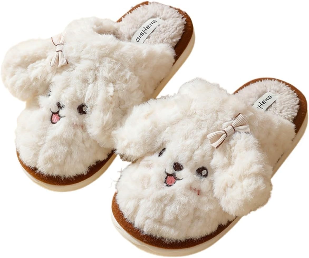 

Милые домашние тапочки с бантом в виде щенка для женщин и мужчин, забавные мягкие плюшевые пушистые тапочки с теплой меховой подкладкой Pzq, белый