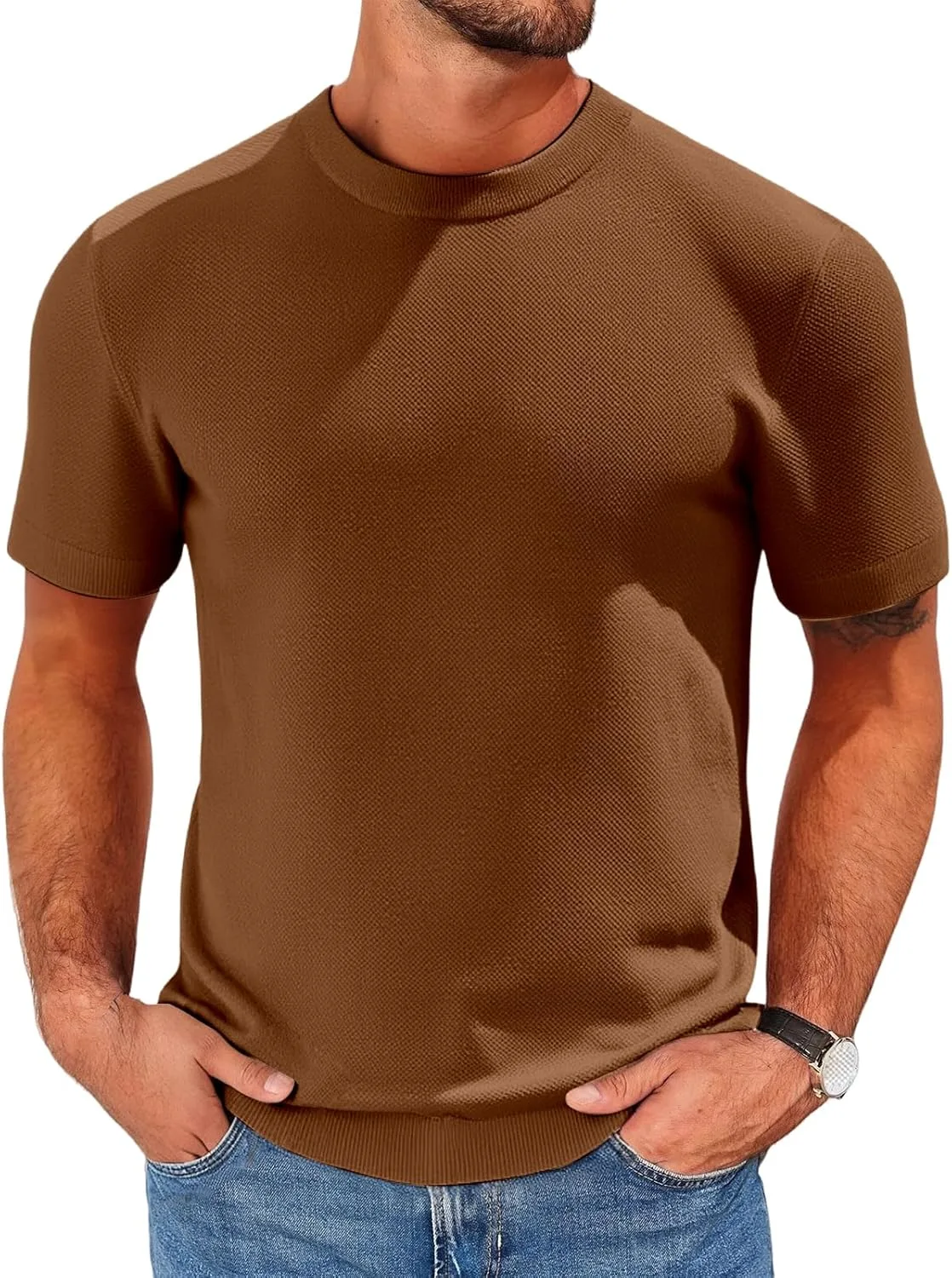 

Мужская вязаная футболка Casual с коротким рукавом и круглым вырезом RSZGSWS