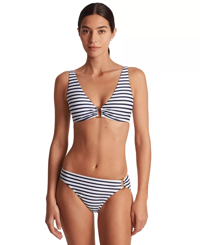 

Женский полосатый бикини-топ с V-образным вырезом & трусики-бикини Ring Hipster Lauren Ralph Lauren, синий