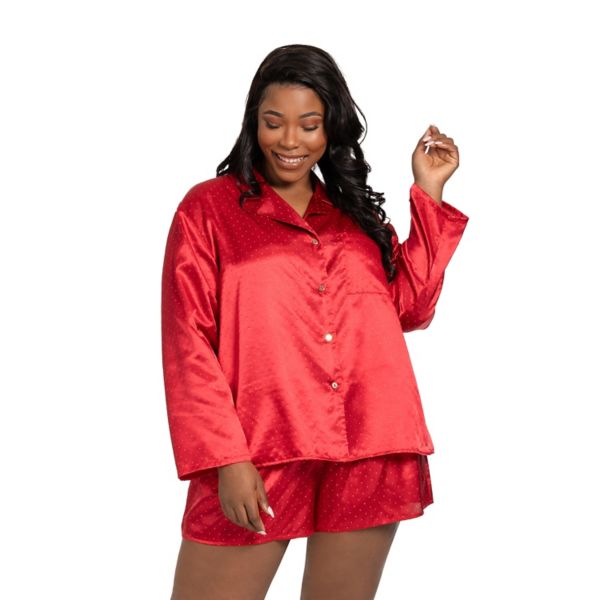 

Комплект пижамы Plus size: атласная рубашка на пуговицах и шорты Lilac+London, цвет crimson red