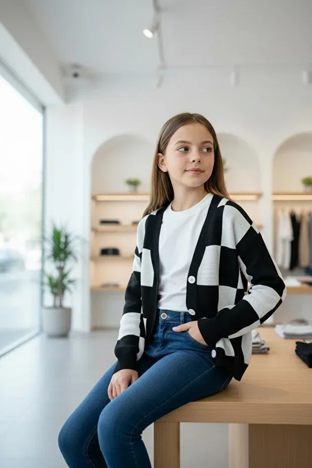Детский вязаный кардиган с шахматным узором V-образным вырезом Minimoda Kids, Black — фото 3