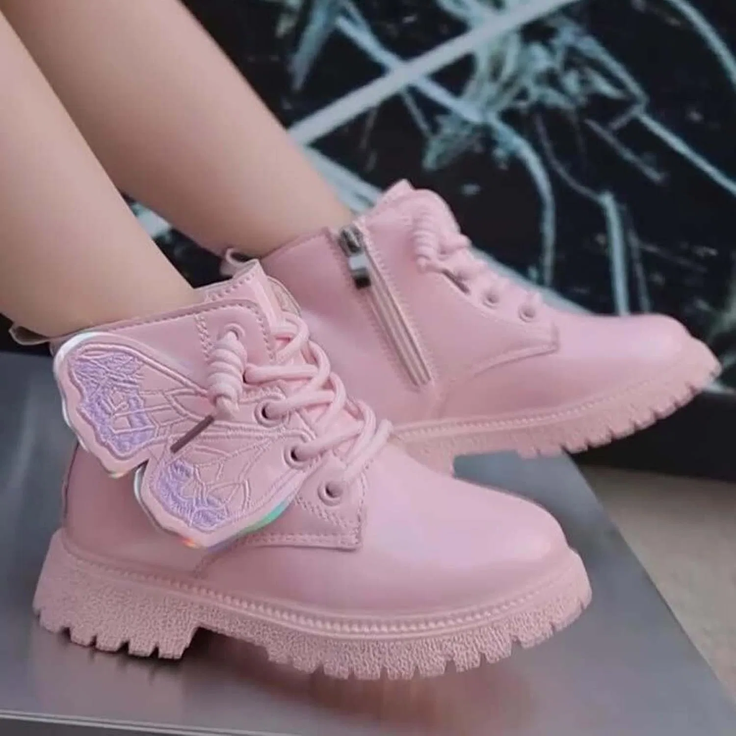 Детские ботинки для девочек с кружевным бантом SHOPESSA, Pink — фото 3