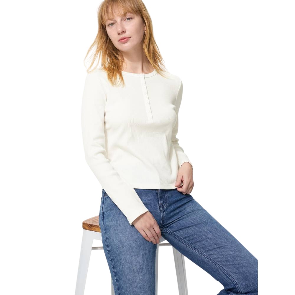Лонгслив Uniqlo Ribbed Henley Neck T-shirt, 01 белый