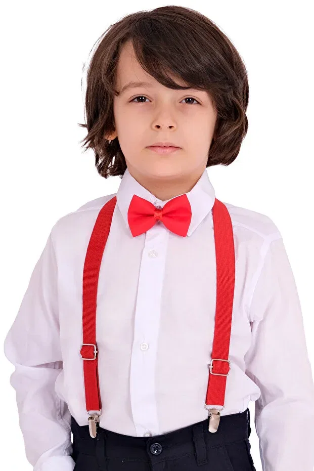 Детский комплект для мальчиков с длинным рукавом Boy'S long sleeve white shirt red suspender bow tie 3 piece set Delfini Kids, White — фото 3