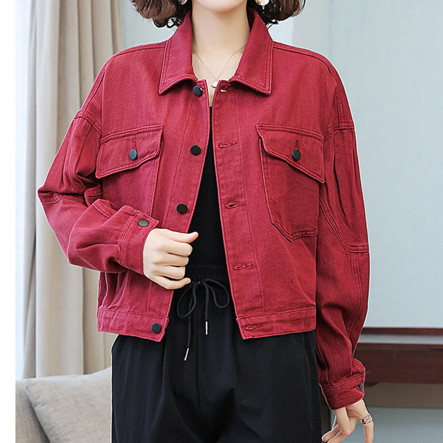 Женская джинсовая куртка oversize с длинным рукавом, Vino rosso — фото 2