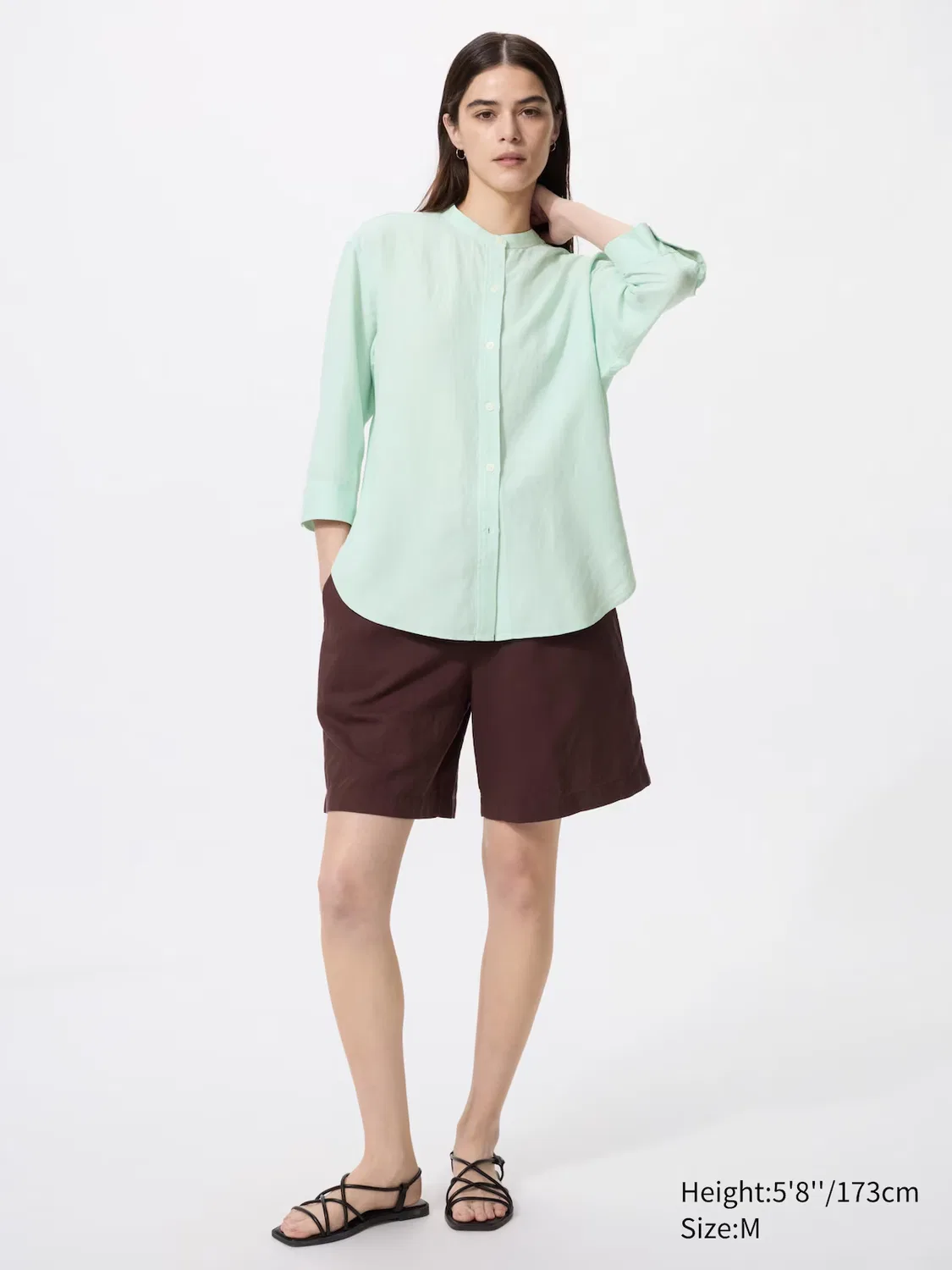 Рубашка Uniqlo, смесовая льняная ткань, воротник-стойка, рукав 3/4, фиолетовый — фото 2