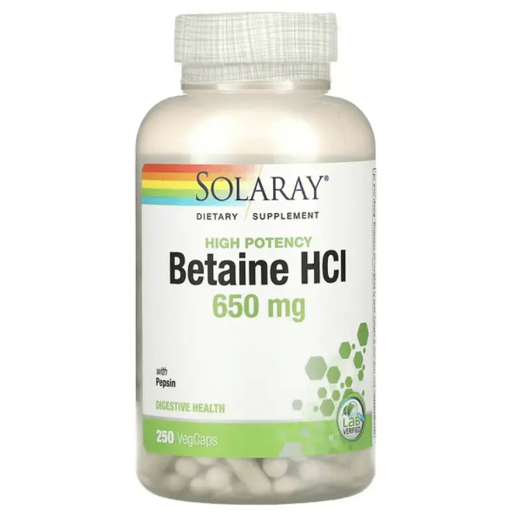 

Высокоэффективный бетаин-гидрохлорид с пепсином High Potency Betaine HCl with Pepsin, 650 мг, 250 капсул, Solaray