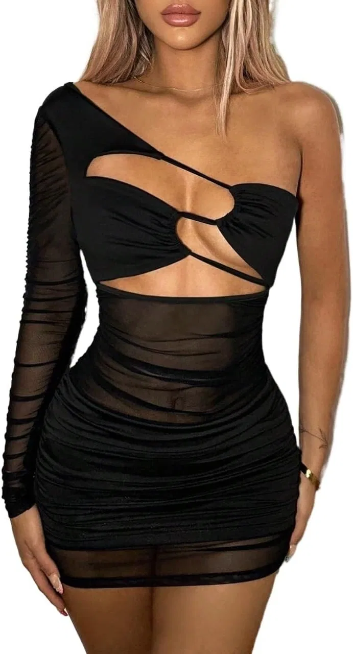 Женское облегающее мини-платье с асимметричным вырезом, Cutout, Black