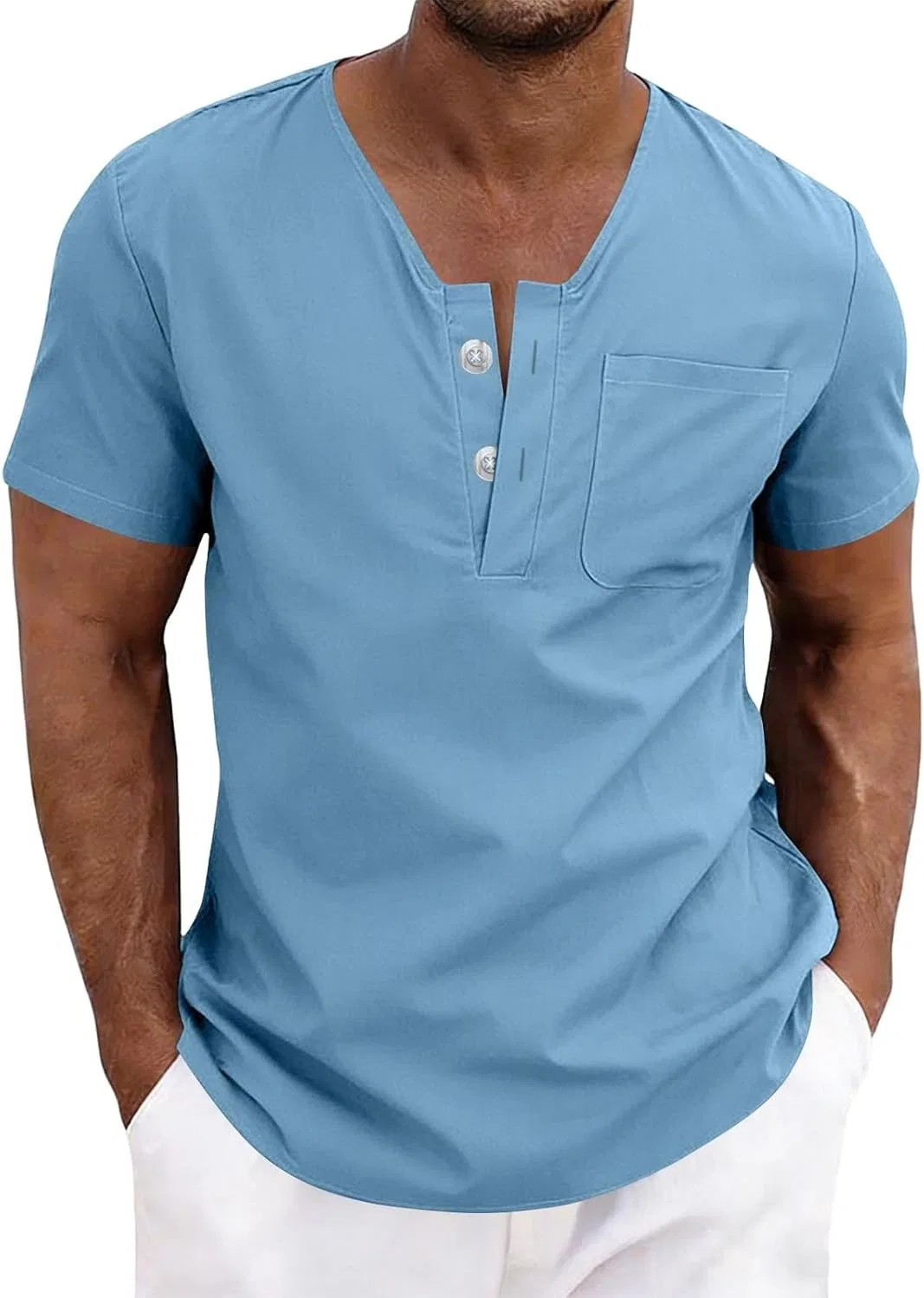 Мужская хлопково-льняная футболка-поло с воротником-стойкой Henley, Light Blue