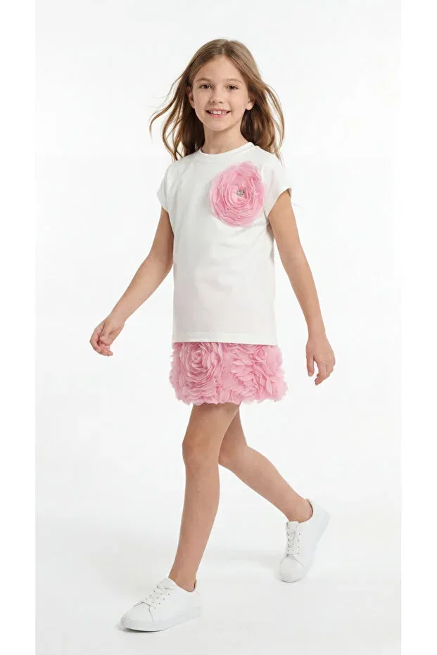 Детский комплект для девочек с принтом Rose girl's t-shirt and skirt set Mışıl Kids, Ecru-Pink — фото 3