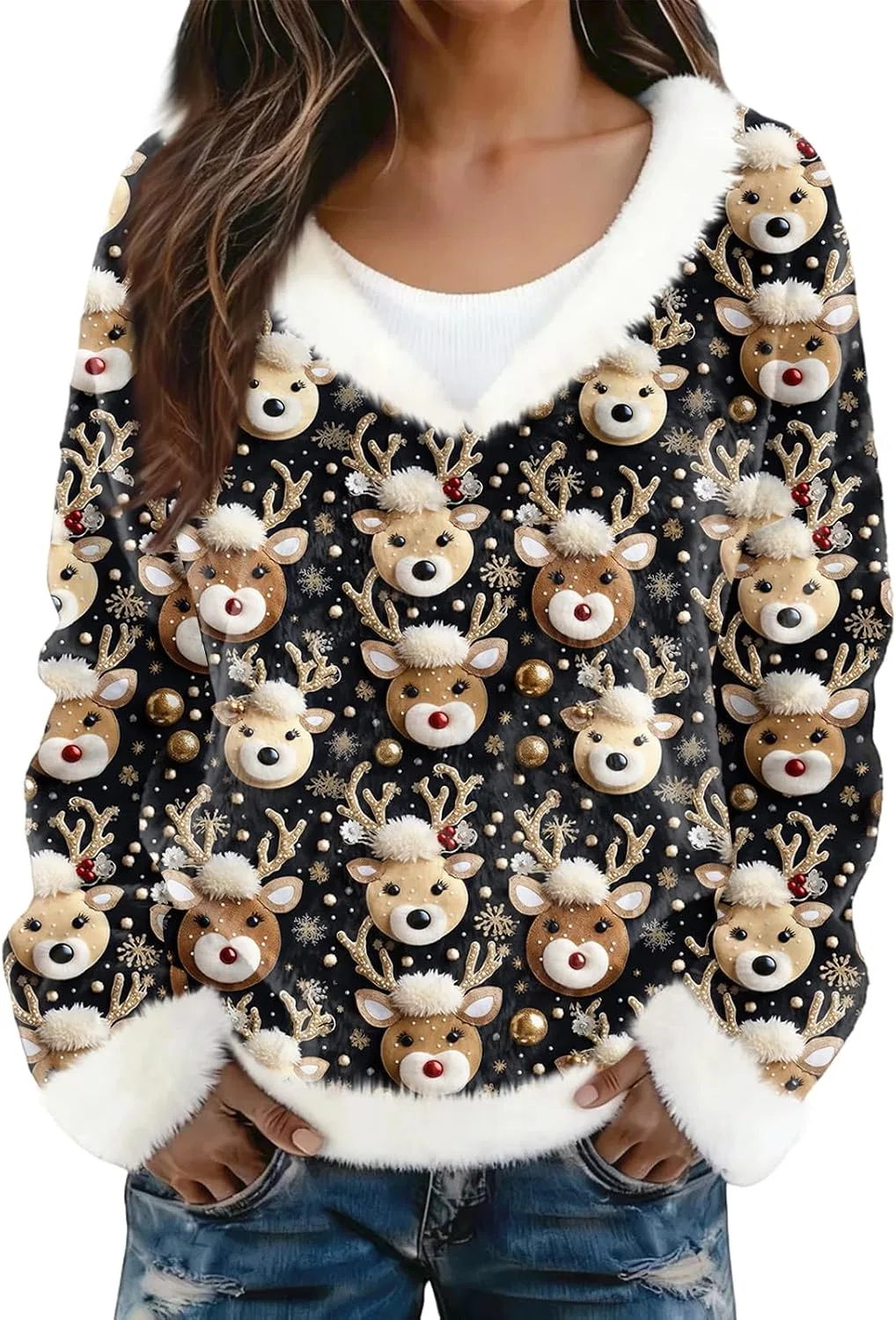 Женский свитшот с V-образным вырезом и меховой отделкой, Christmas Sweaters For Women, чёрный — фото 4
