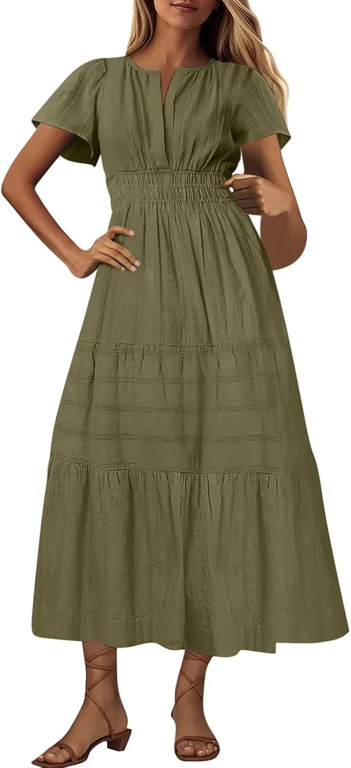 Женское макси-платье A-line с V-образным вырезом, Army Green