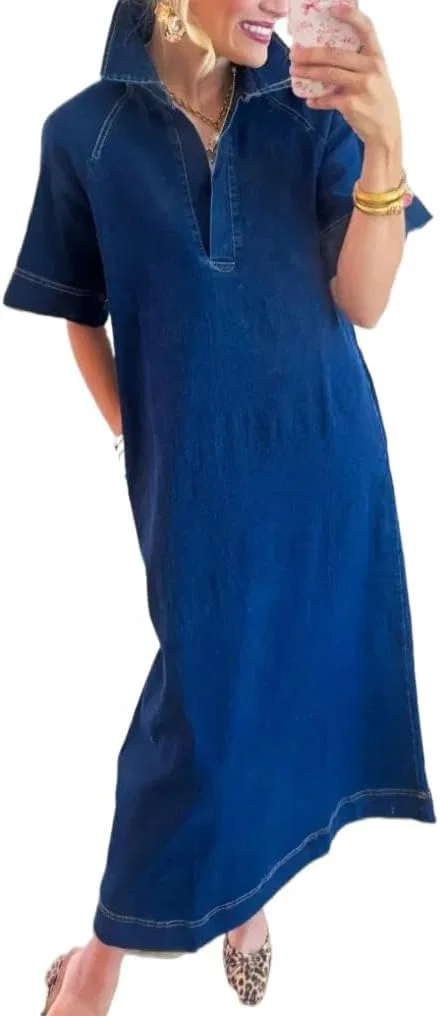 Женское джинсовое платье миди с отложным воротником V-образным вырезом, Denim Blue