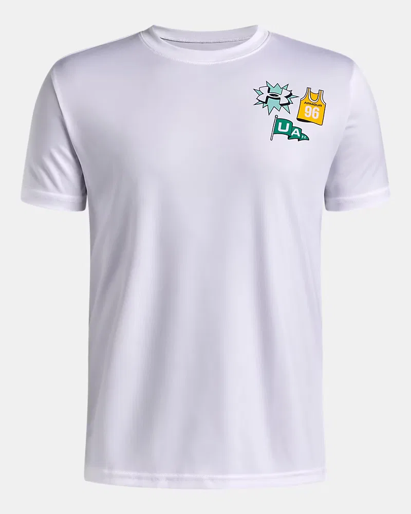 Футболка для мальчиков с коротким рукавом, быстросохнущая UA Tech Graphic UnderArmour, White/Campus Gold/Geode Green