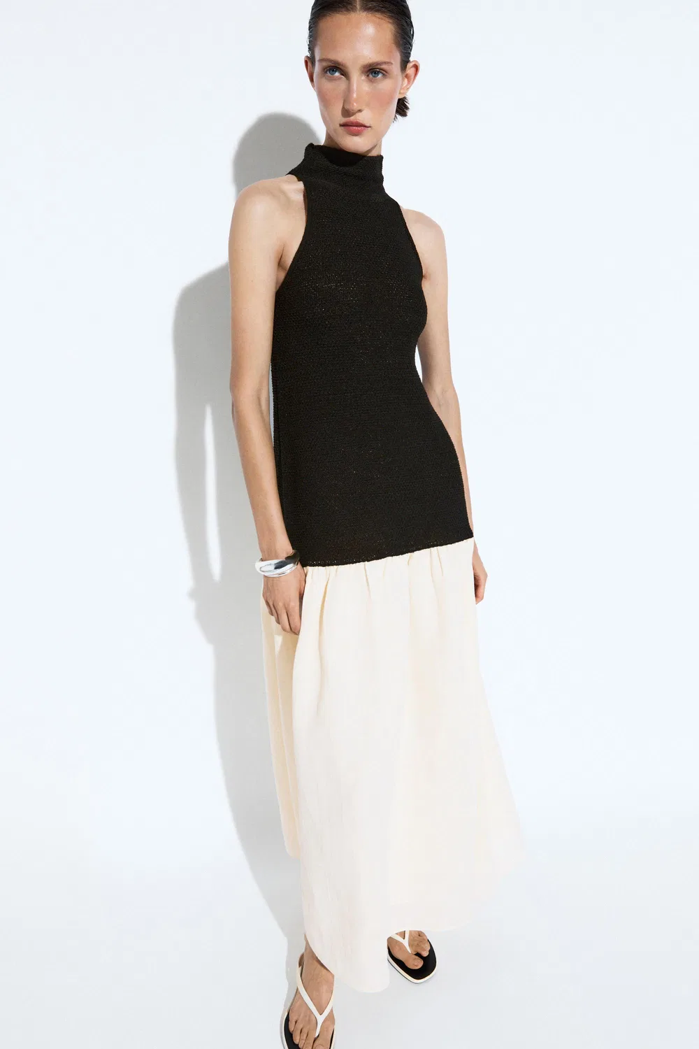 Платье миди комбинированное Massimo Dutti, черное — фото 2
