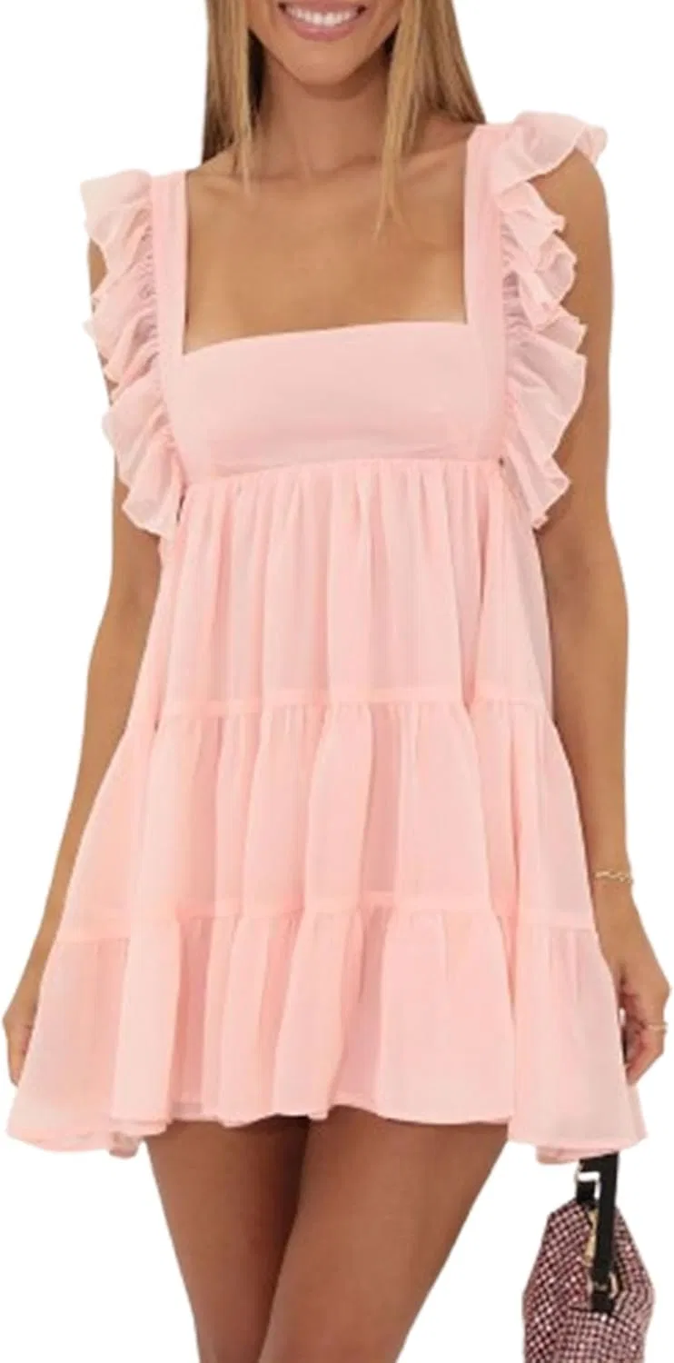 Женское мини-платье с кружевной отделкой Babydoll, Pink