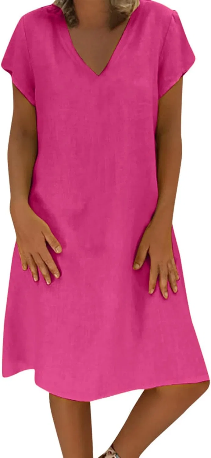 Женское летнее платье из хлопка и льна с V-образным вырезом, Hot Pink