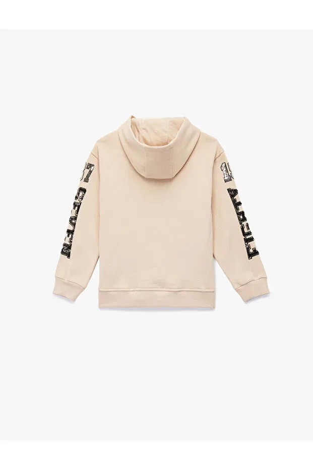 Детские свитшот с принтом Cotton Long Sleeve Sequin Sequined Fleece-Lined Hooded Sweatshirt Koton, Beige — фото 4