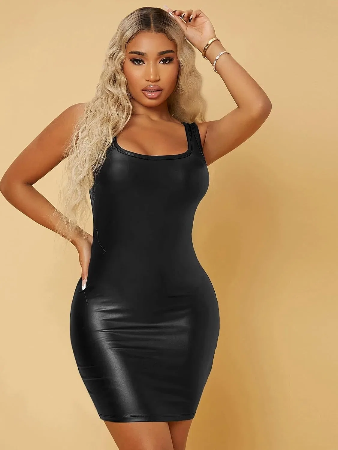 Женское облегающее платье без спинки PU Leather Bodycon Tank Dress, Black — фото 3