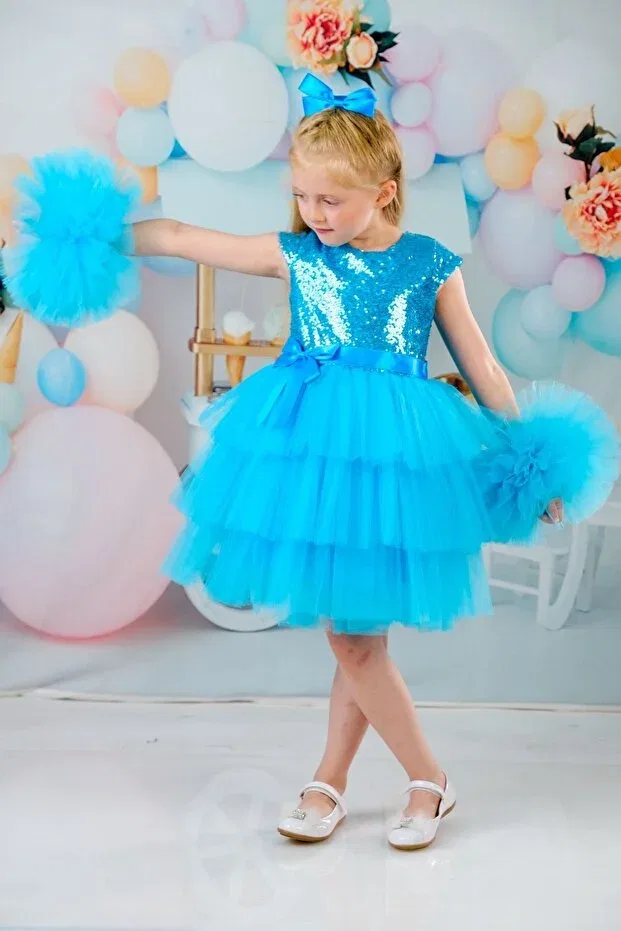 Детское платье для девочек с помпонами Delfini Kids, Glass Blue — фото 3