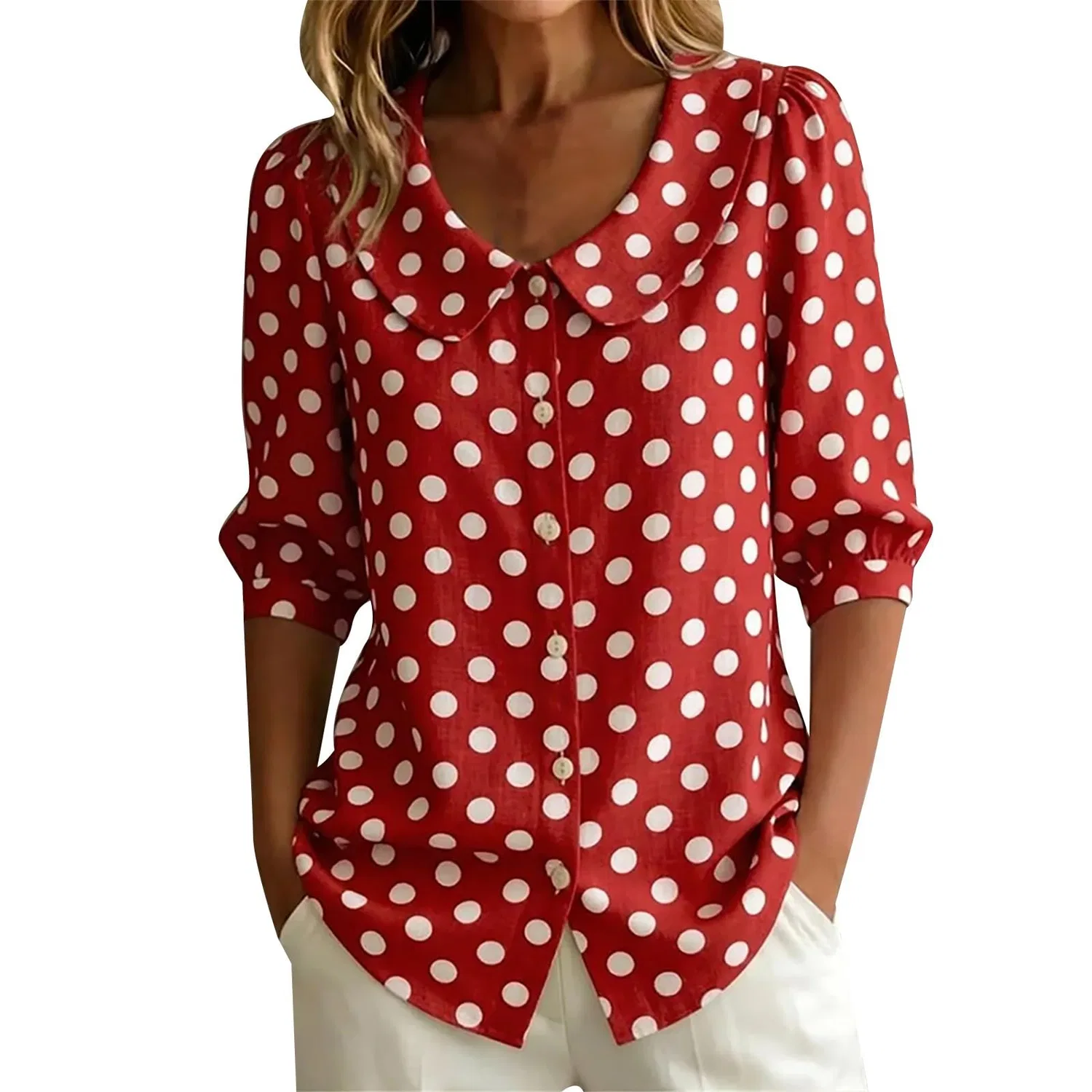 Женская блуза с коротким рукавом, Polka Dot - Red