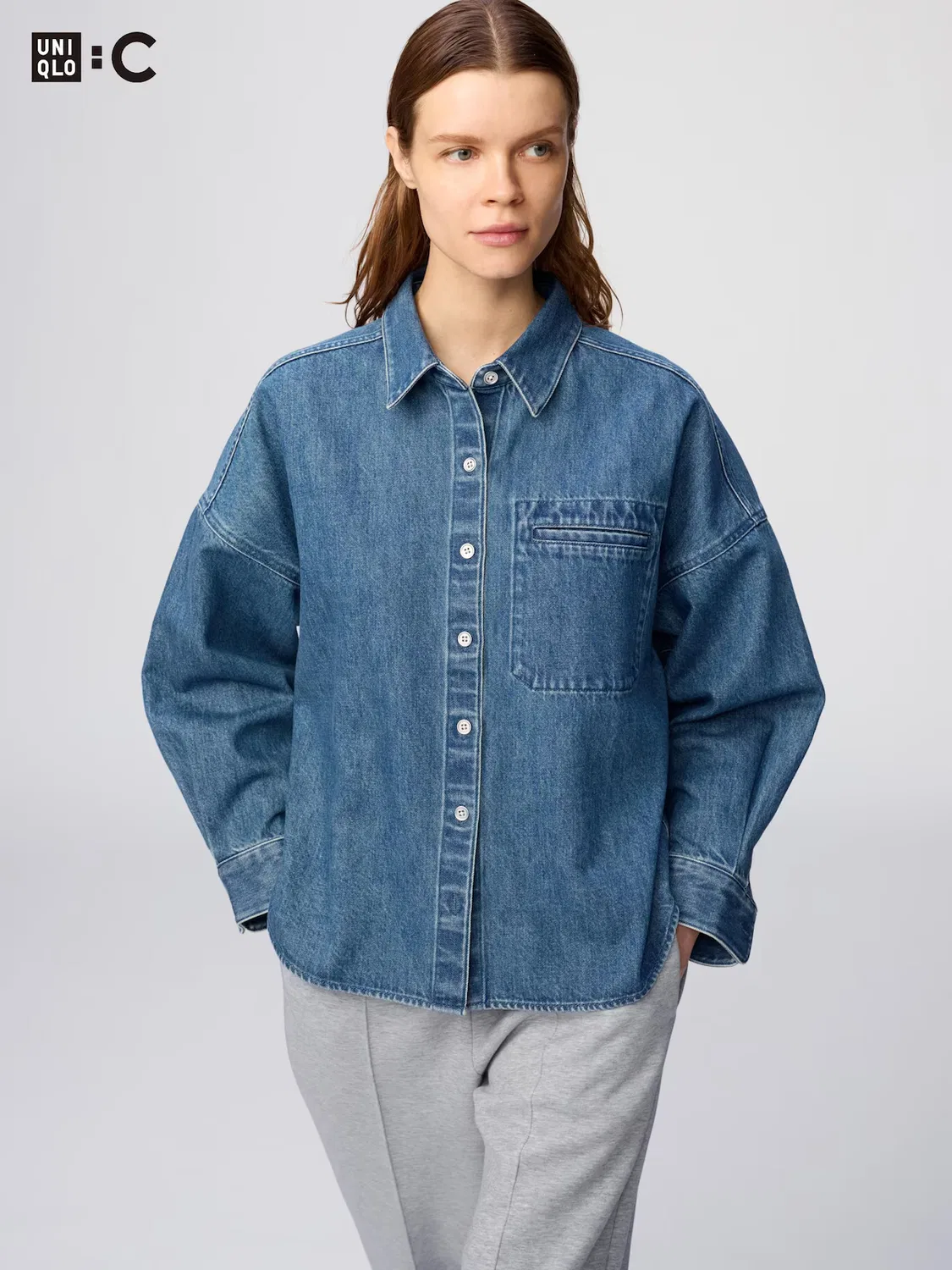 Джинсовая рубашка Uniqlo, свободный крой, синий