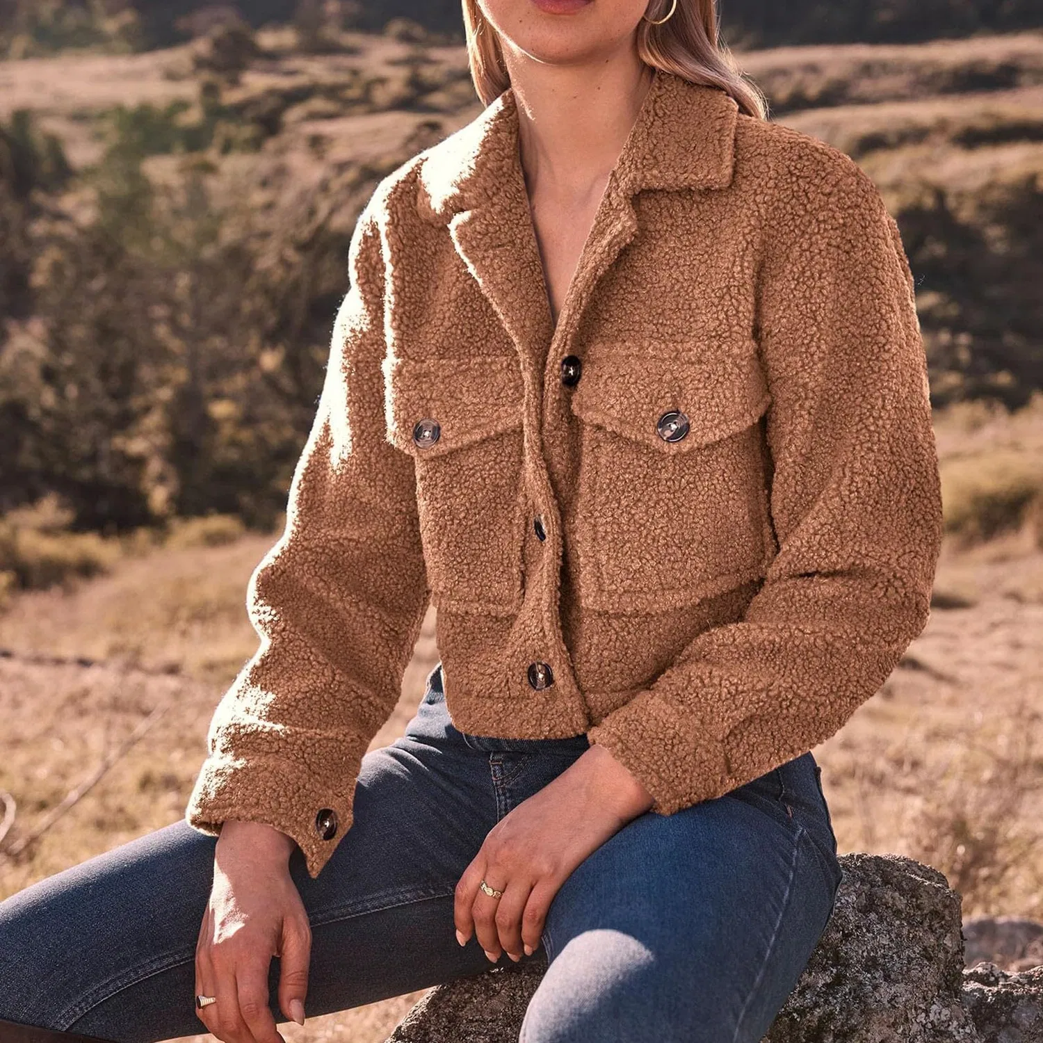 Женское шерстяное пальто с лацканами Elegant Short Jacket, dark khaki — фото 2