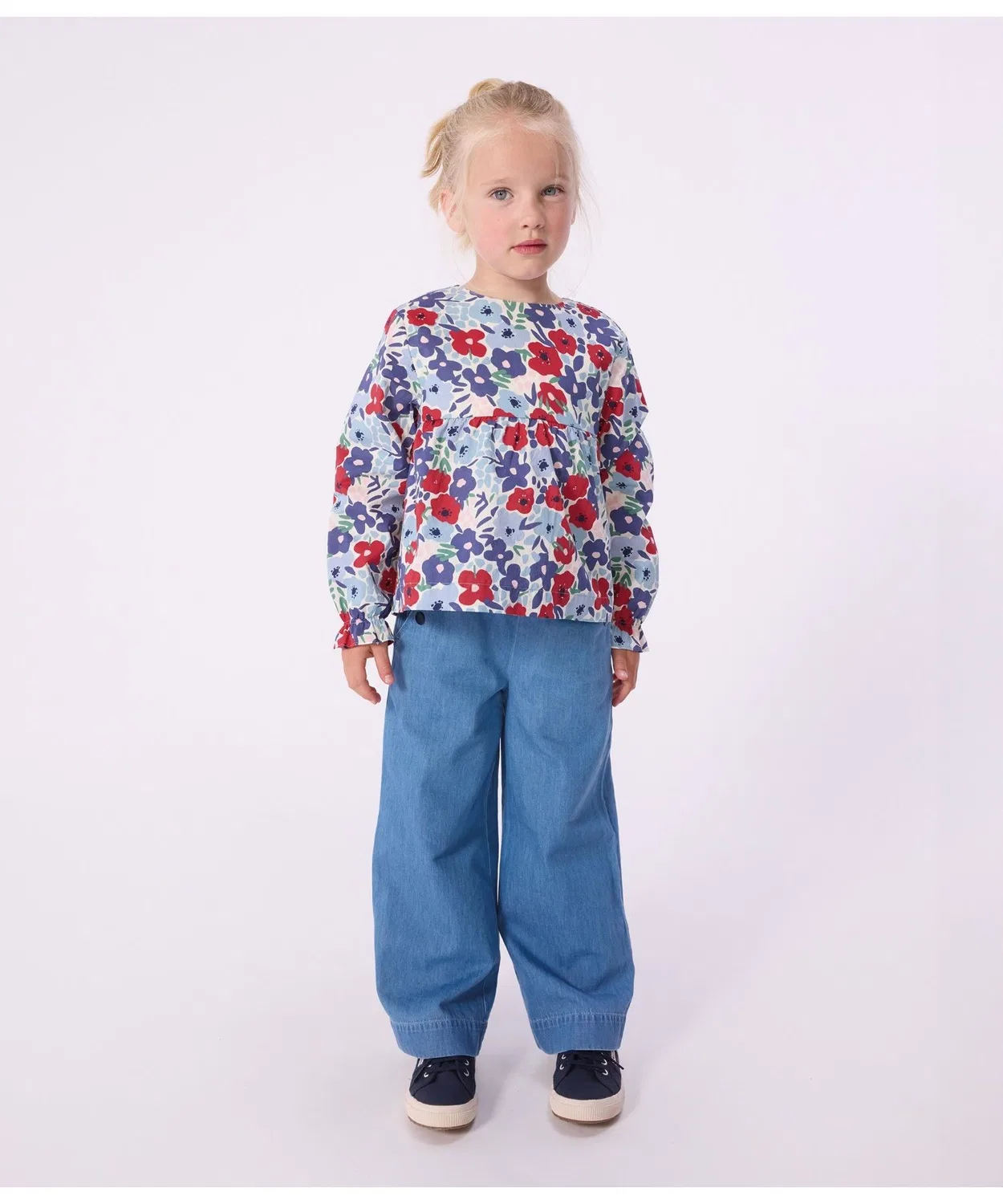 Детская блузка с длинным рукавомс цветочным принтом PETIT BATEAU, Белый
