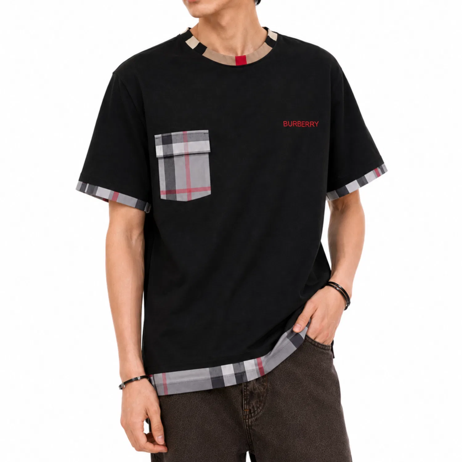 Мужская футболка с принтом Vintage Plaid Edge Burberry, Черный — фото 4