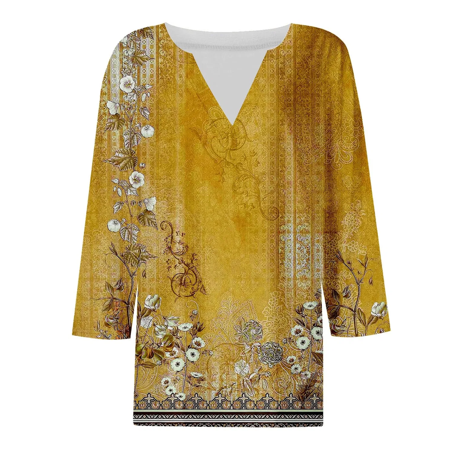 Женская блуза с принтом Women Blouses 3/4 Sleeve V Neck Casual Elegant Summer Boho Floral Print Blouses, 32#oro — фото 3