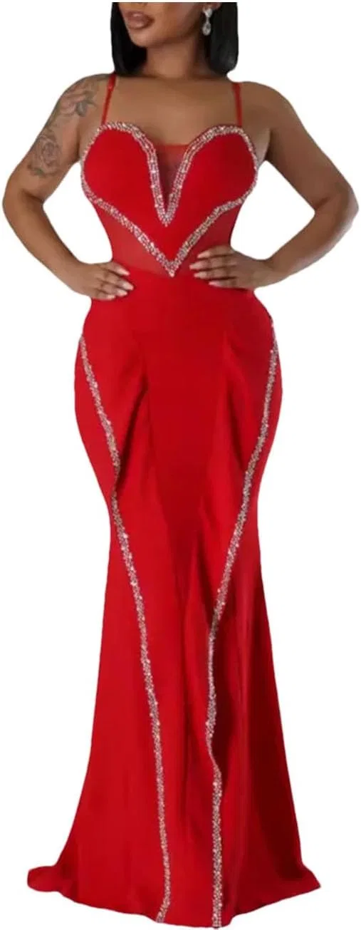 Женское длинное платье на бретелях со стразами, Red