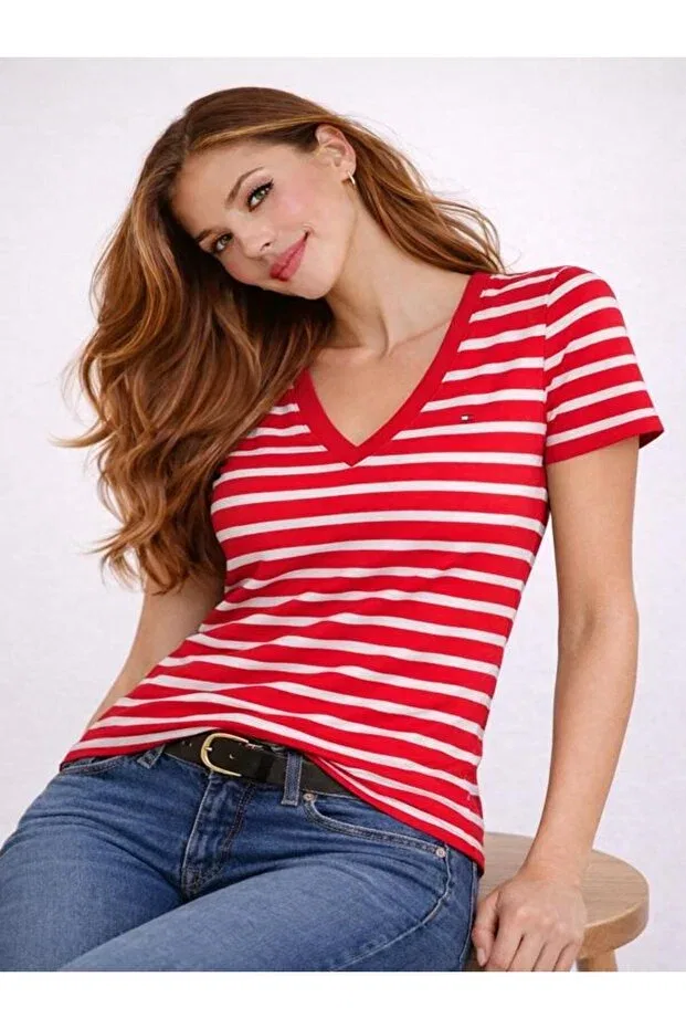 Женская футболка с коротким рукавом Slim fit v - neck organic cotton t-shirt Tommy Hilfiger, Red