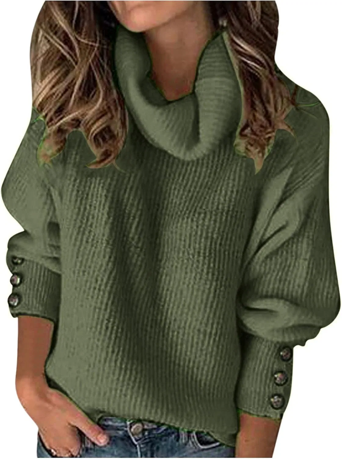 Женский свитер с высоким воротником, ribbed knit, армейский зелёный