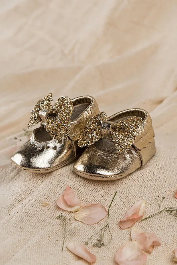 Детские мокасины для девочек из натуральной кожи Heart genuine leather baby moccasin gold ribbon Deriza, Gold