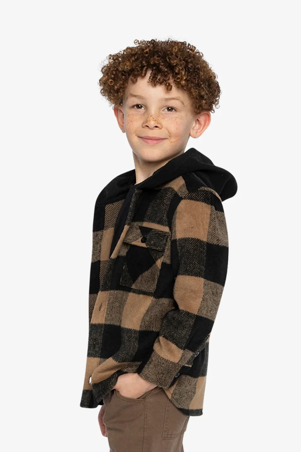 Детская рубашка с флисовым капюшоном в клетку Deux par Deux, Brown And Black Plaid — фото 3