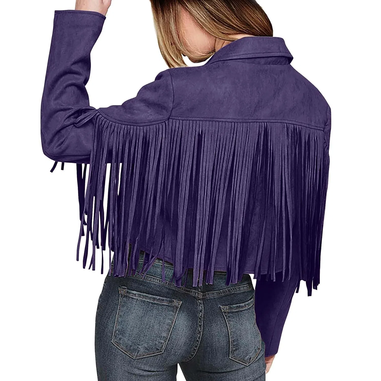 Женская куртка-косуха из замши с кисточками, Purple — фото 3