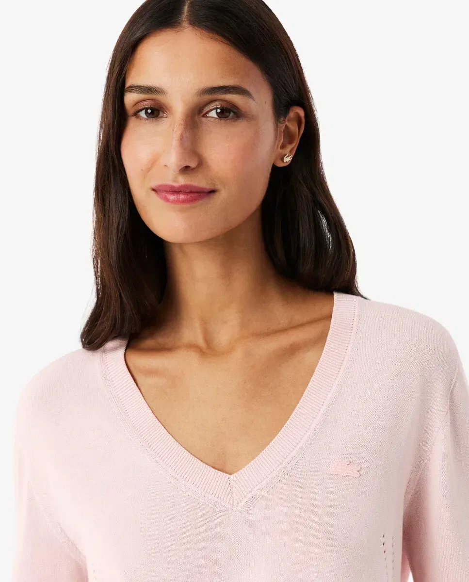 Джемпер Lacoste Rosa с V-образным вырезом и рифленой вязкой — фото 3