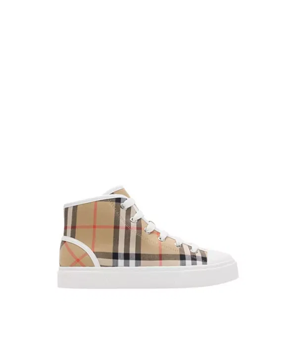 Детские кроссовки на высокой подошве с принтом Unisex Check Cotton High-Top Sneakers Burberry, Sand Beige