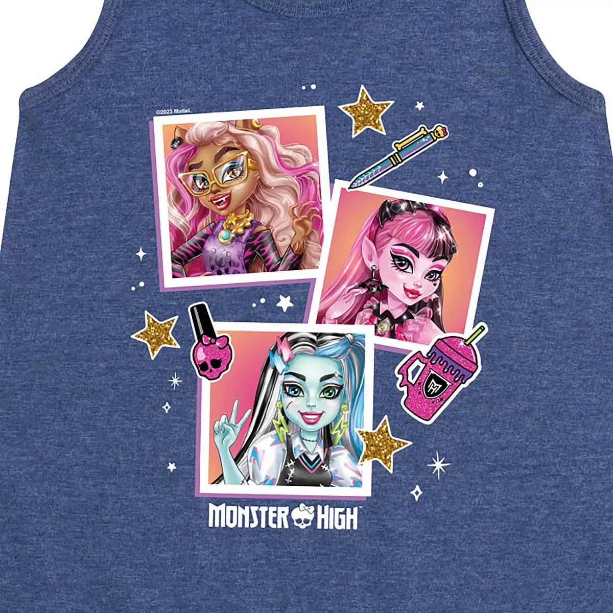 Детское платье-трапеция без рукавов с принтом Monster High Polaroid Pictures, Heather Navy — фото 2