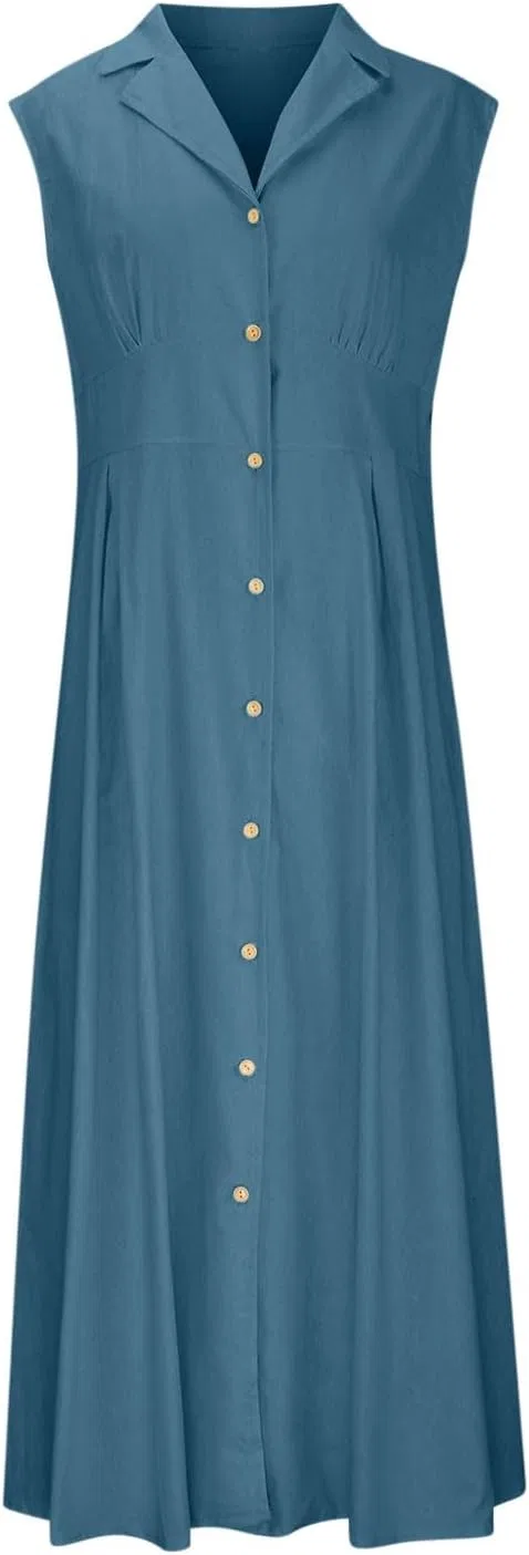 Женское макси-платье с воротником на пуговицах A-line, Dark Blue — фото 4