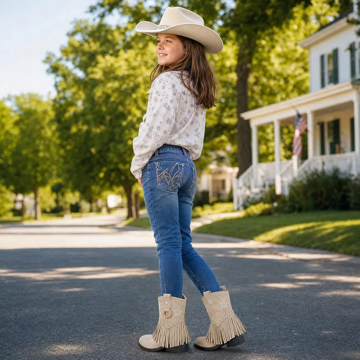 Детские сапоги для девочек с принтом Choiran Fringe Cowgirl Boots, Beige — фото 3