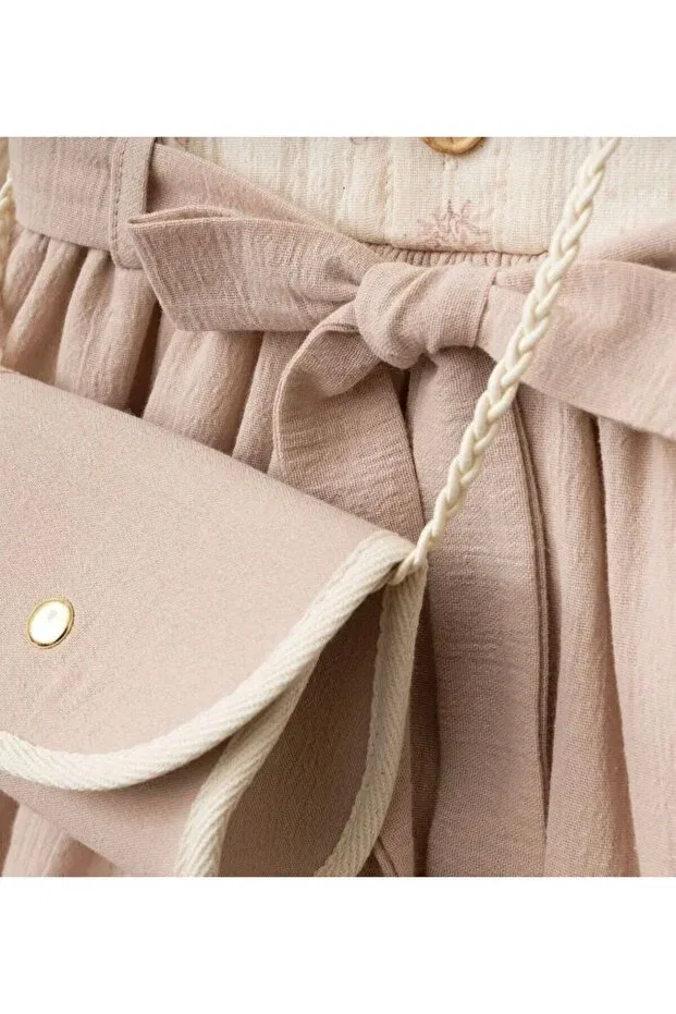 Детское платье для девочек с принтом Eid Special Powder Color Balloon Sleeve Flower Detailed Girl's Dress With Bag Gifts Zehracatasariim, Pink — фото 4